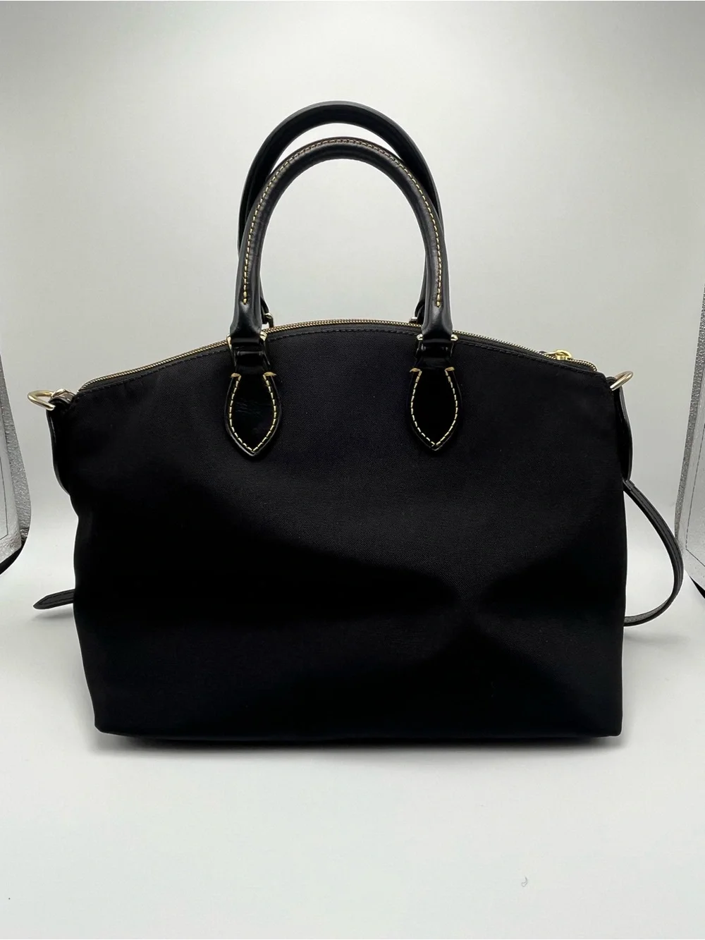 Dooney & Bourke Black Nylon Satchel with Yellow Contrast Stitching Red Lining